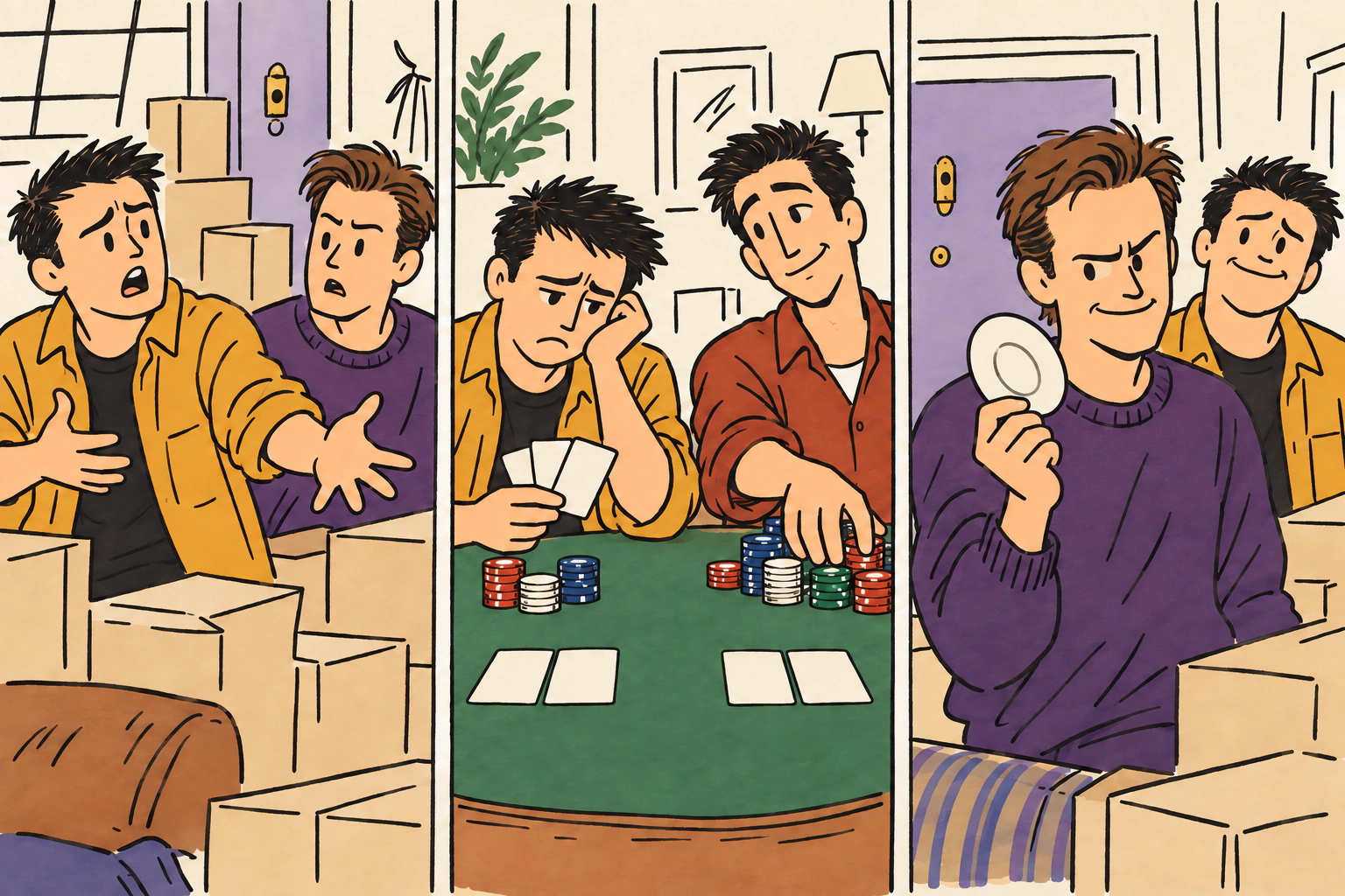 三格插画：Joey 向 Chandler 诉苦；回忆里 Ross 收走牌桌上的筹码；Chandler 拿起杯碟准备反击。